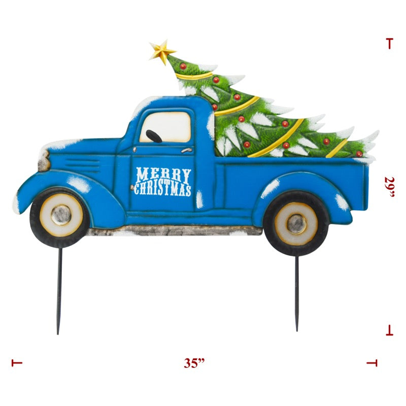 Christmas Metal Blue Truck On Stakes