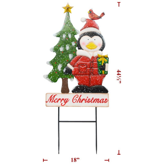 Christmas Metal Penguin W/ Tree On Stakes (6 Pack)