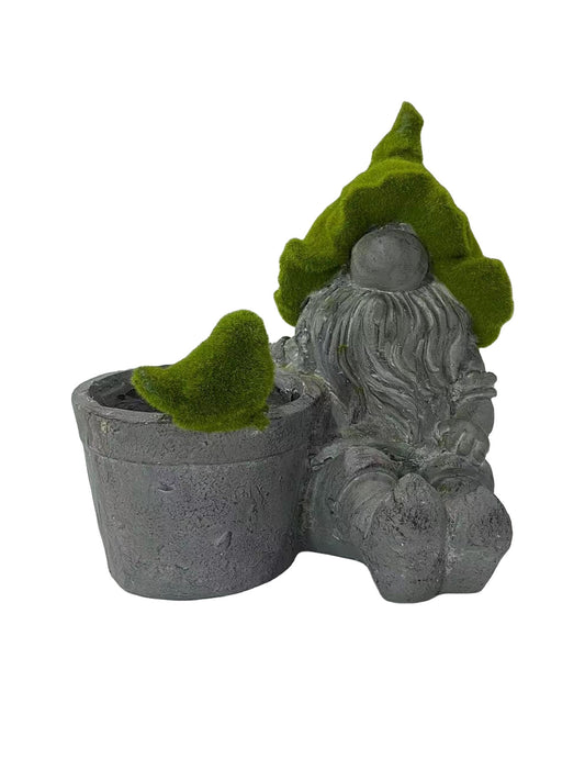 Grey Gnome and Grass Bird W/ Planter