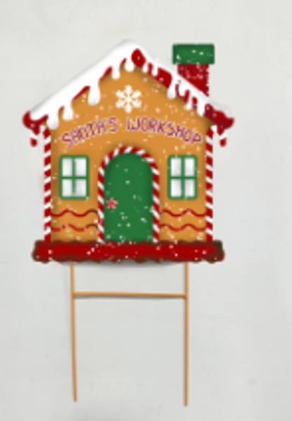 "Santa's Workshop" Gingerbread House Metal Stake