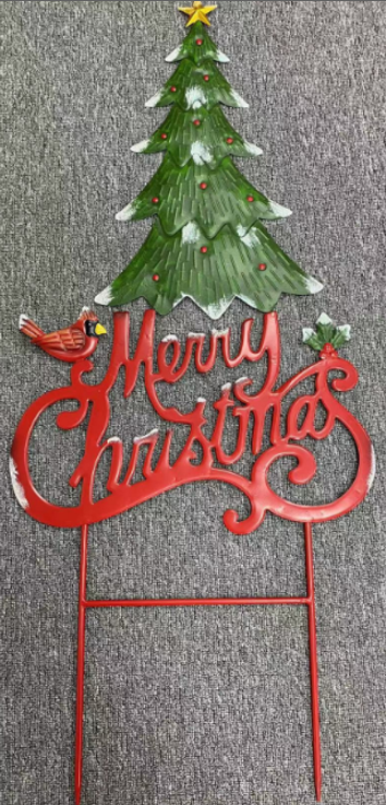 "Merry Christmas" Cardinal Tree Metal Stake